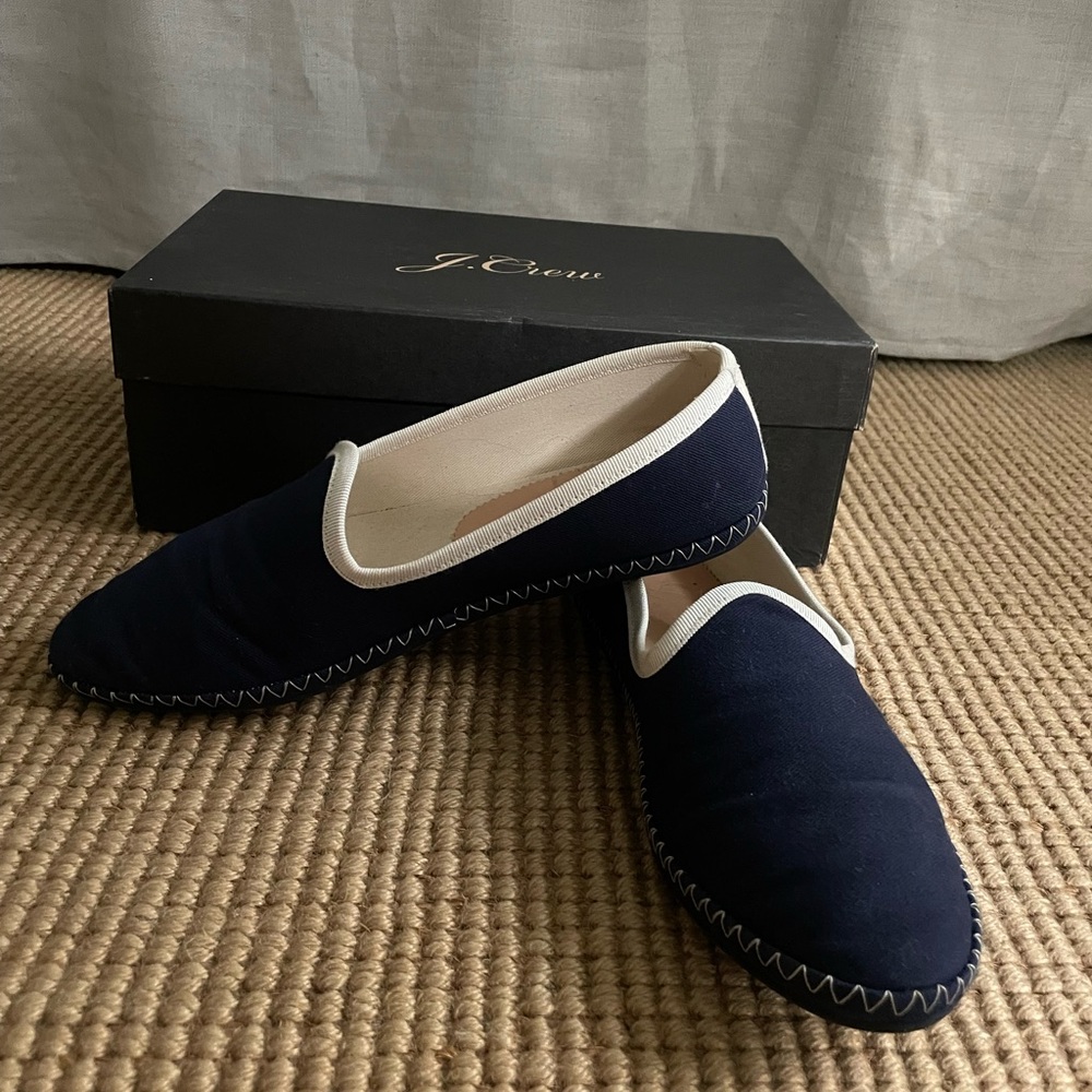 J.Crew cotton loafer moccasins.Navy blue.White contrast grosgrain detail.Size 6.